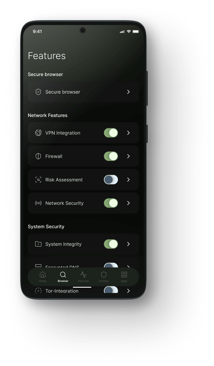 Ikusa One features list with VPN, firewall and network security toggles